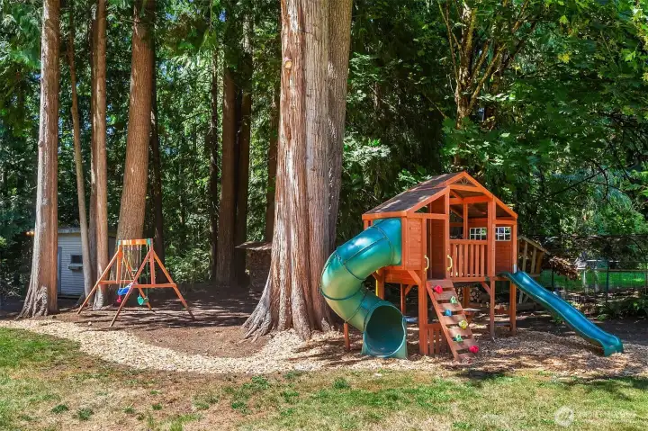 There is a play structure and swing set to enjoy.