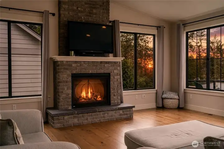 Warm evenings by the fire with peaceful sunset forest views. Warm evenings by the fire with peaceful sunset forest views.