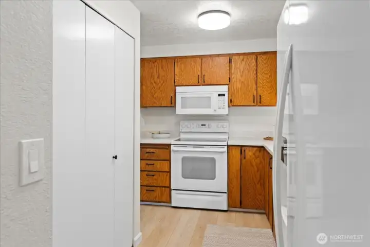 Solid wood cabinetry, new hardware and new quarts countertops. Large storage pantry space.