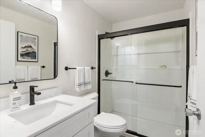 Hallway 3/4 bathroom, totally refreshed.