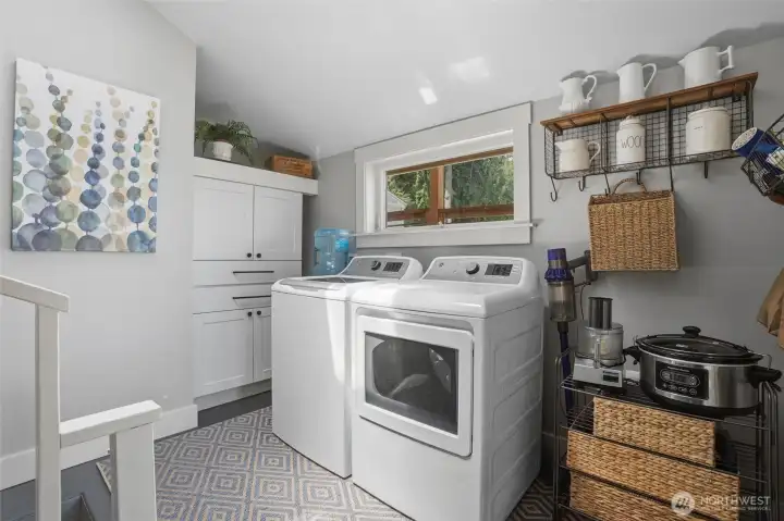 Utility room located off the kitchen with direct exterior access; washer and dryer included. Convenient basement stairs provide access to expansive, unlimited storage space for all your organizational needs. Utility room located off the kitchen with direct exterior access; washer and dryer included. Convenient basement stairs provide access to expansive, unlimited storage space for all your organizational needs.