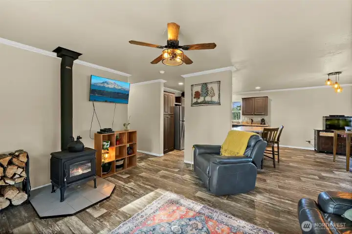Open concept, cozy wood stove.