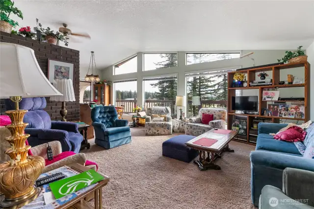 Vaulted ceiling living room as you enter the home