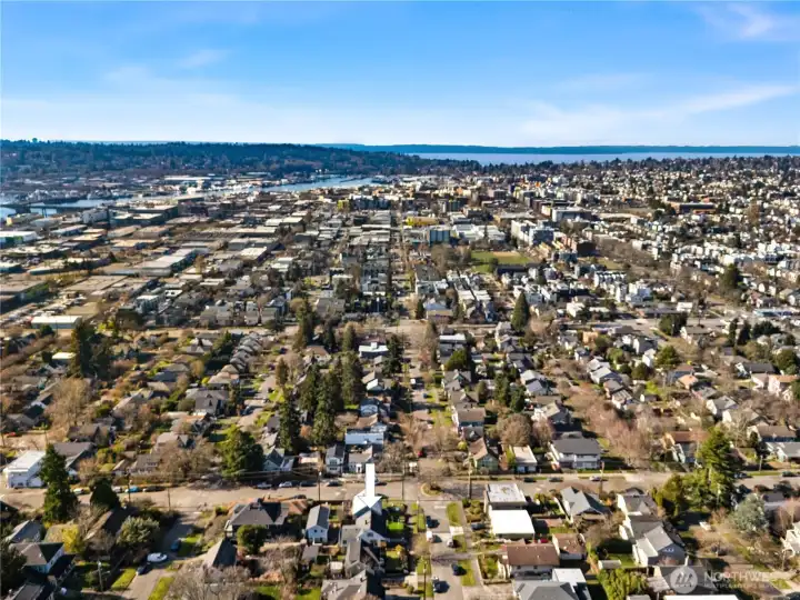 Neighborhood aerial with west-facing outlook