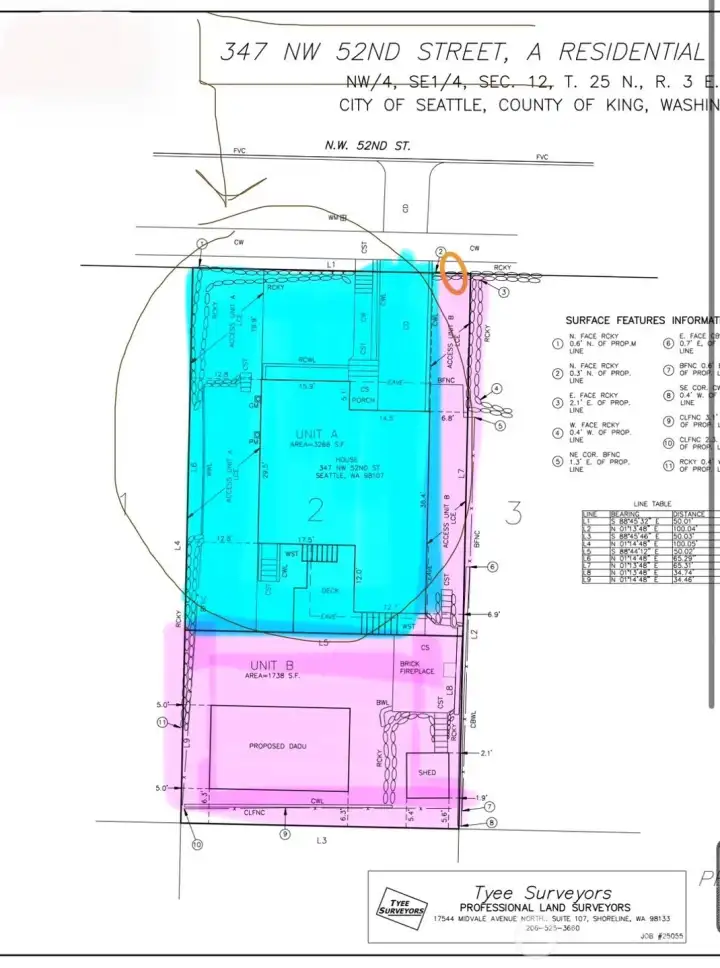 Blue section: Unit A — Home for Sale. Pink section: Unit B — separately owned, not included in sale. Detached residence, no shared living spaces. Blue section: Unit A — Home for Sale. Pink section: Unit B — separately owned, not included in sale. Detached residence, no shared living spaces.
