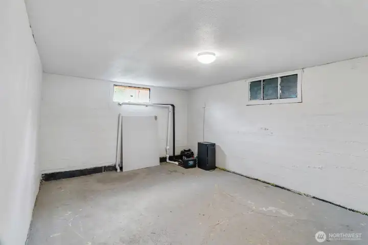 There's a sump pump in this area of the basement. Tons of room for storage here!