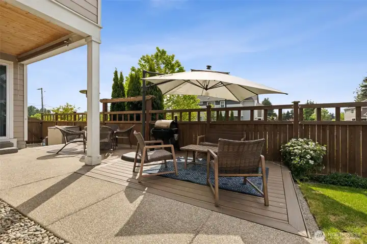 Partially covered patio.  AC and storage shed too!