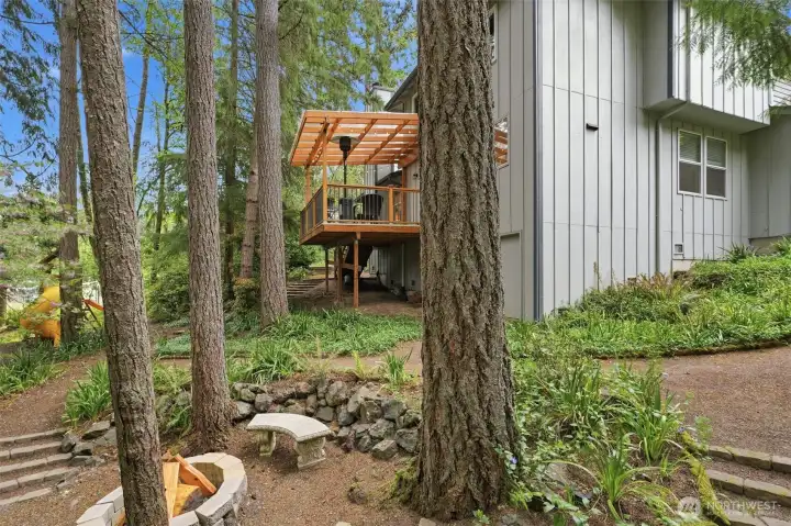 Here is the oasis of a backyard, with winding pathways leading to a cozy firepit on one side and a play structure on the other.