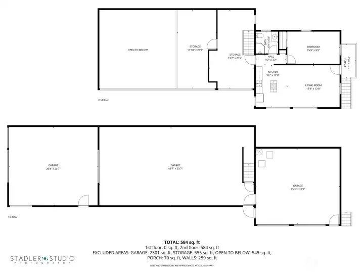 Floor plans for the ADU, garage, and shop space.