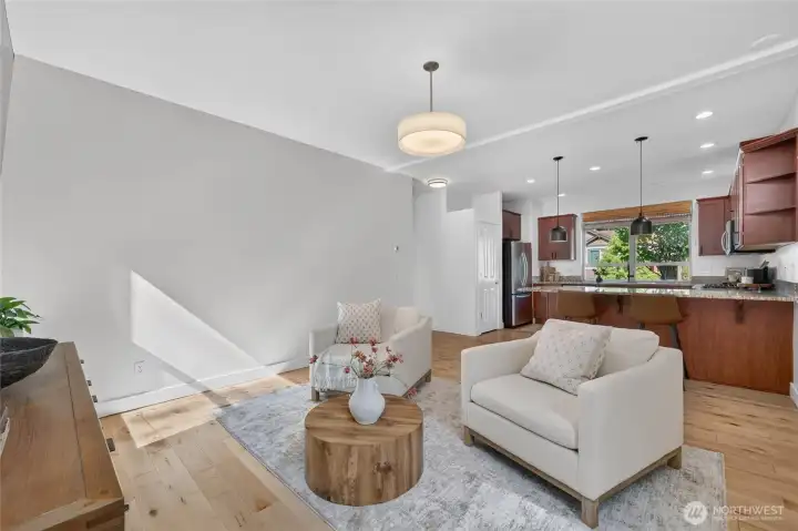 Another view of the family room and kitchen.