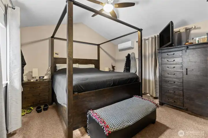 Primary bedroom with ceiling fan and separate heat and AC Primary bedroom with ceiling fan and separate heat and AC