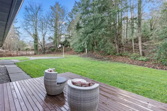 Back yard deck overlooks the lush lawn and tree lined yard.