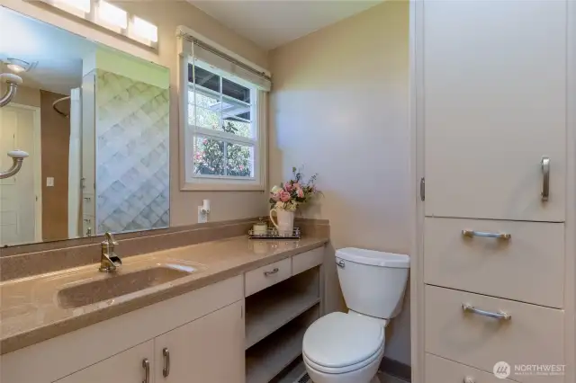 Full Bath with easy to care for cultured marble countertops