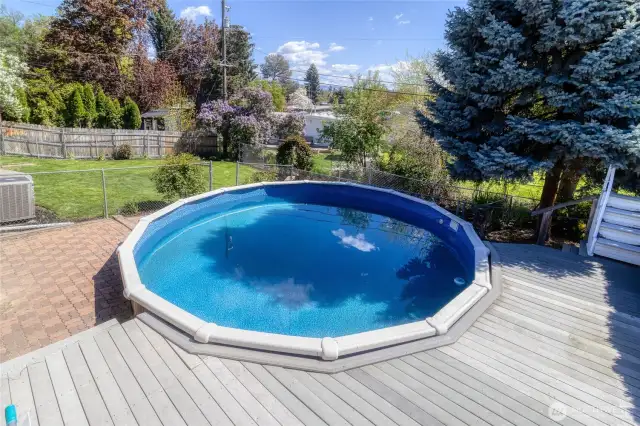 Above ground pool with trex deck lounging area