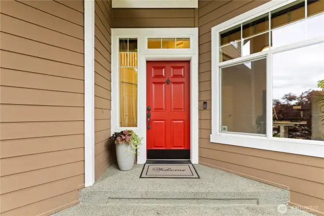 You're greeted by a large covered entry