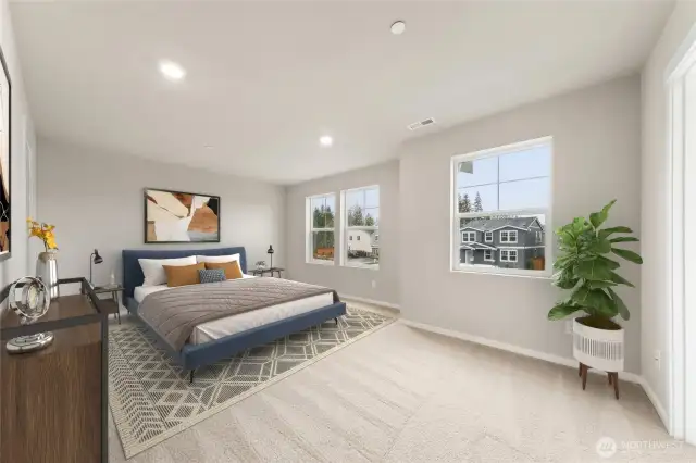 Primary bedroom with 5-piece attached bathroom and walk-in closet. Actual home is under construction and materials, colors, and finishes will vary. See site agent for details.
