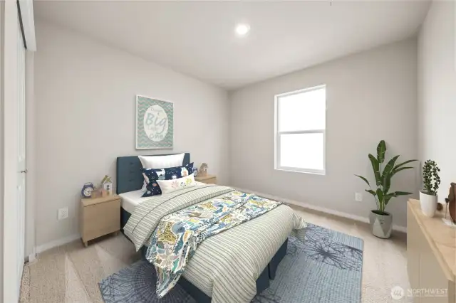 One of the bedrooms on the 2nd level. . Actual home is under construction and materials, colors, and finishes will vary. See site agent for details.