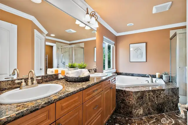 Luxurious, five piece primary bath featuring dual vanities, granite countertops, jacuzzi tub, walk-in shower, heated towel rack and private water closet. Direct access to a spacious walk-in-closet for the ultimate convenience.