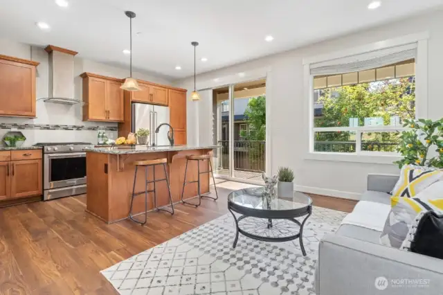 Kitchen with sliding door to spacious deck.