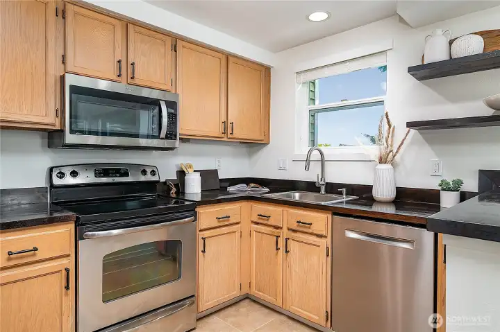 Enjoy butcher block countertops in the kitchen