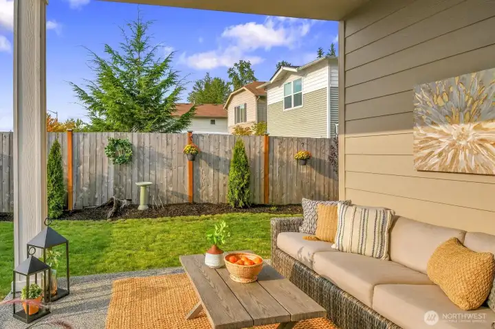 Nice sized patio with view out to newly landscaped backyard