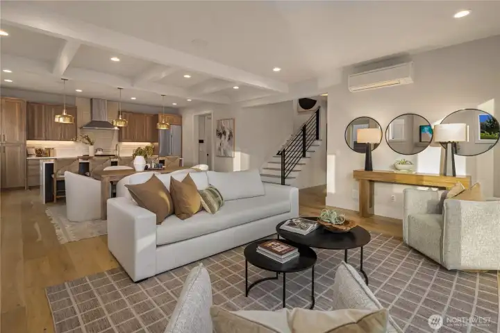 Great room concept for entertaining with oak engineered hardwoods