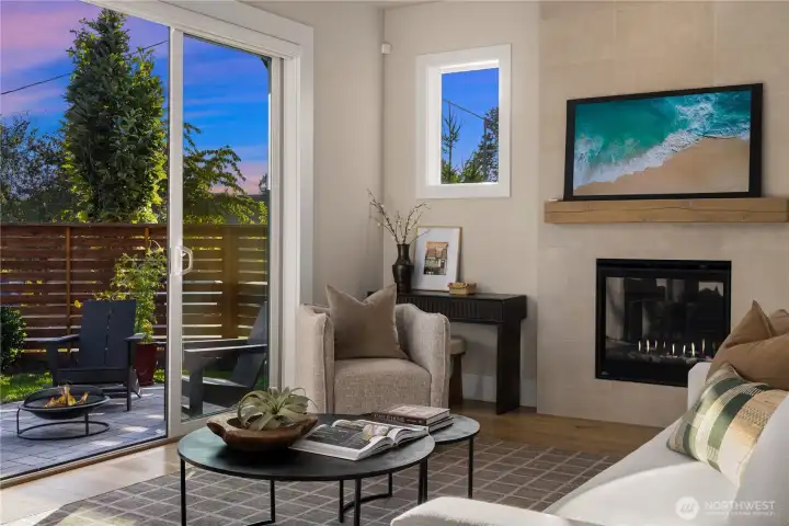 Gas fireplace with tile surround and custom cedar mantel