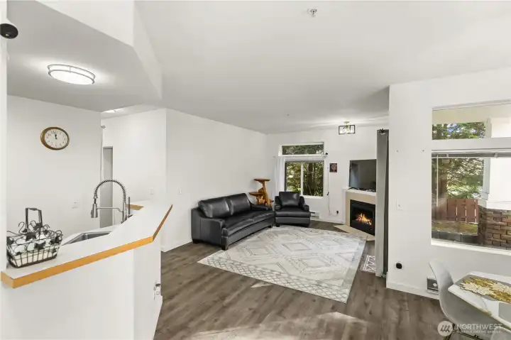 open space living, kitchen, dining.