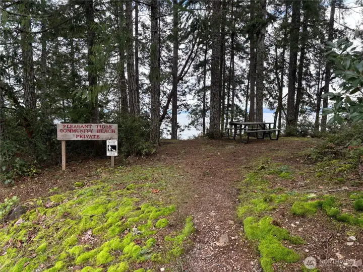 Community beach with picnic tables and cooking grills.