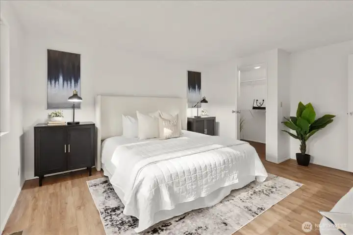 The primary bedroom is a peaceful retreat located on the upper level.