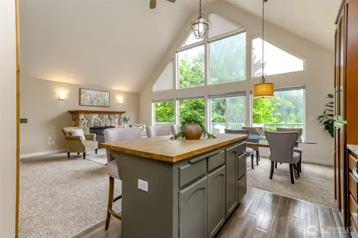 Kitchen island with bar seating for 3 and extra storage.