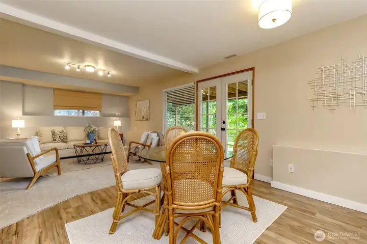 This angle from the kitchen showcases the dining and living space.