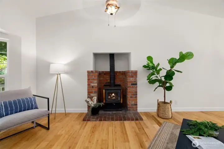 Living room with cozy wood stove