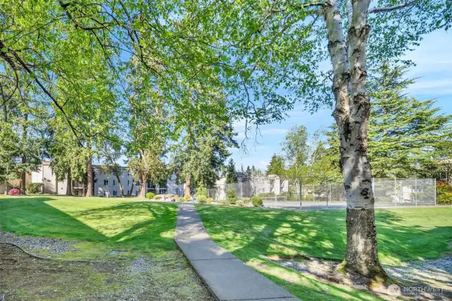 Community with walking trails and court