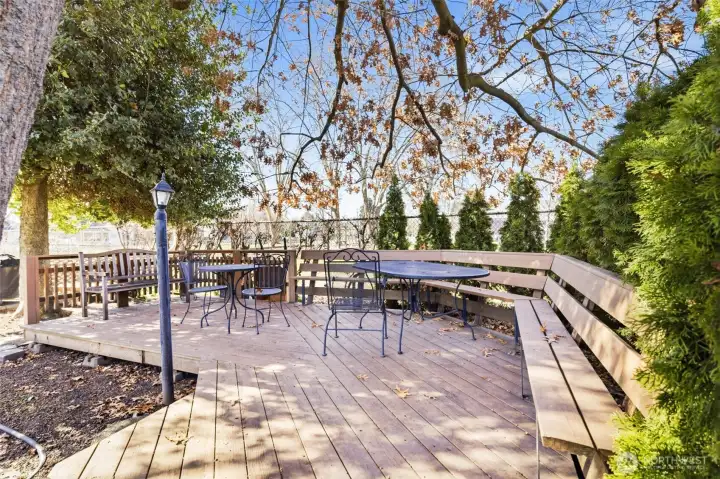 Picnic deck under the pin oak tree