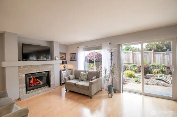 The living room. To the right is the dining area and kitchen.