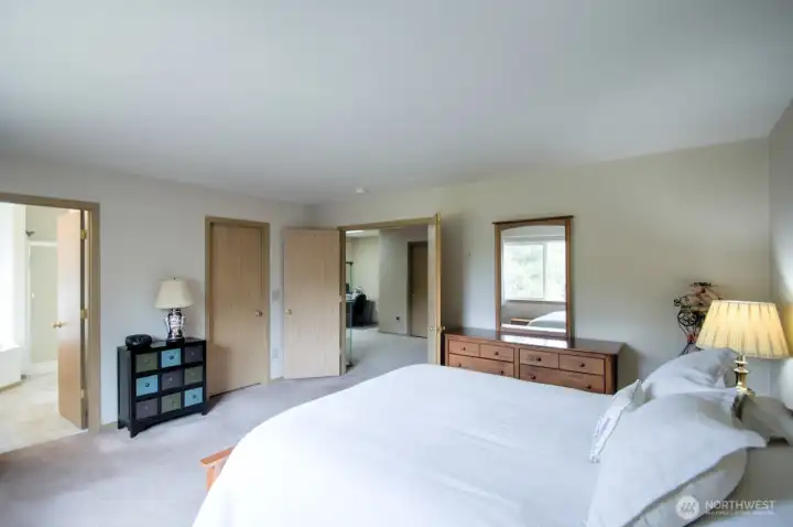 The Primary Bedroom with tons of room. The door on the left leads to the Primary 5-piece bathroom, the door in the middle is the walk in closet, and the door on the right leads to the large loft space among the bedrooms.