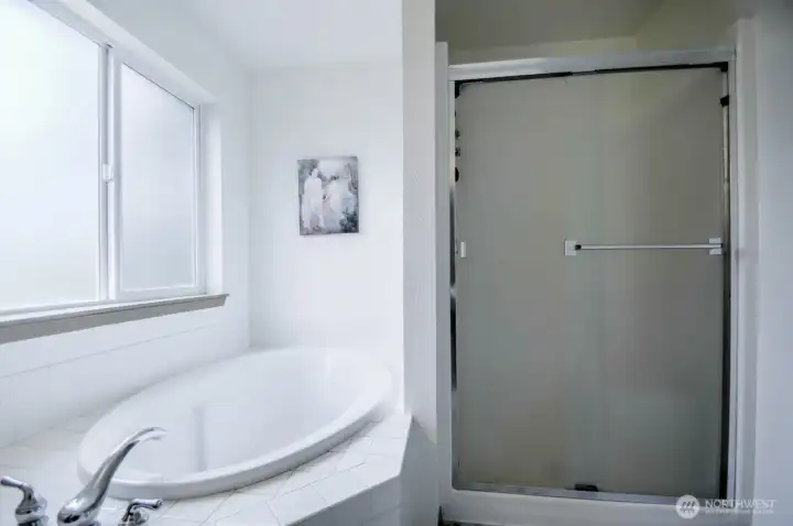 Primary Bedroom soaking tub and set in shower.