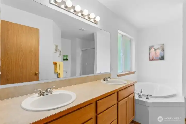 The primary bathroom with dual sink vanity, soaking tub and step in shower.