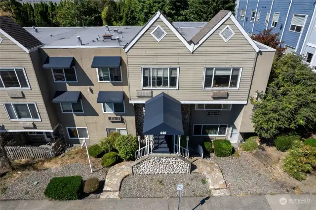 Drone photo of the front of the building.