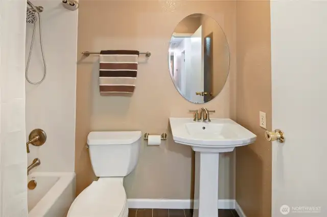 Guest bath off the main hallway. This bathroom has since been painted white.