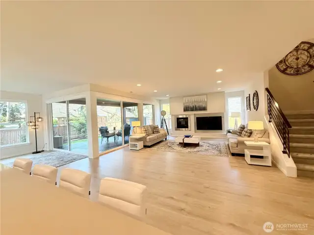 View of the great room from the kitchen island.