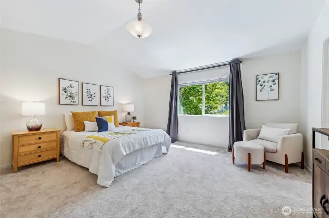 Primary bedroom is huge! Vaulted ceilings and space for sitting area. Looks out to backyard and open space.