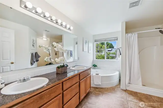 Primary bathroom is expansive. You will love the large soaking tub and extra room shower.