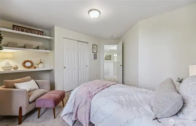 Built in shelving is perfect for all your treasures.
