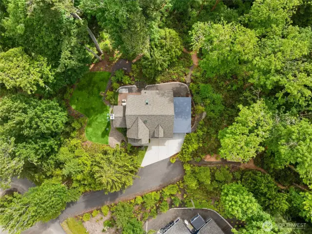 Aerial view captures the home’s private setting at the end of a quiet lane, surrounded by trees and open space.