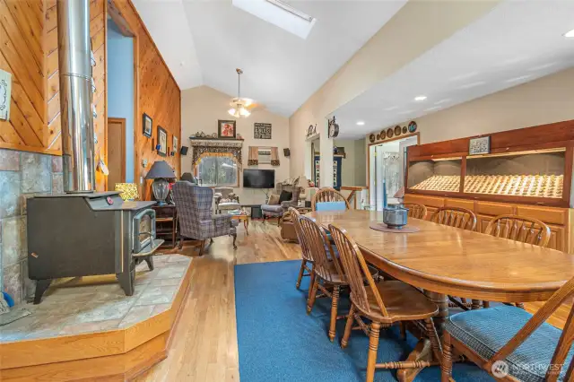 View across open dining and living area
