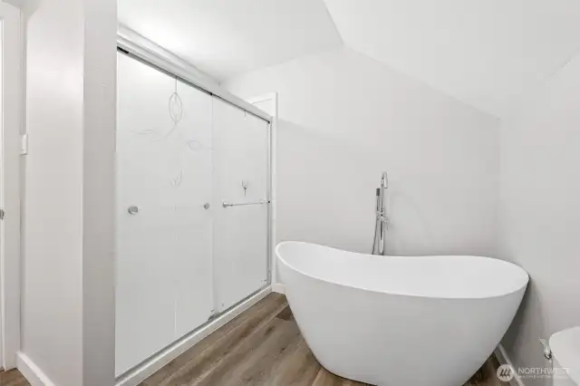 Wonderful soaking tub and walk in shower.