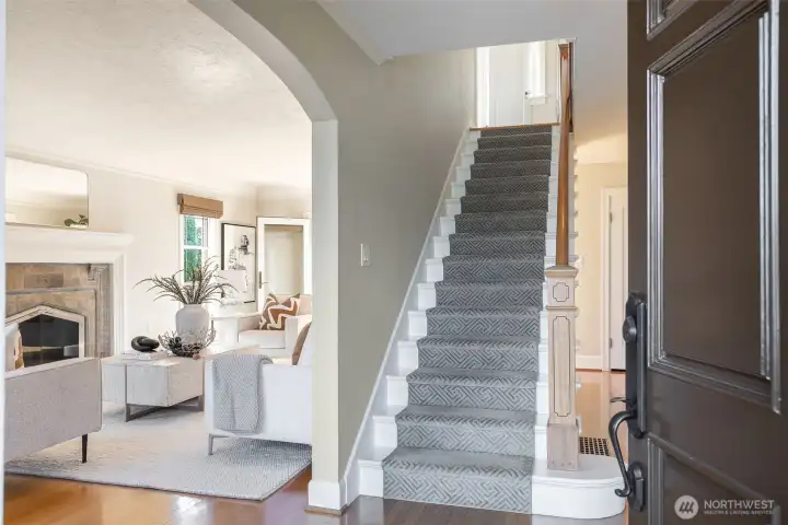 Enter to a classic layout- the center hall colonial, with living room to the left and dining to the right.  The main floor layout is circular for great flow between rooms.