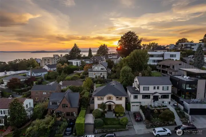 The sunset over Puget Sound and the Olympic Mountains to the West.